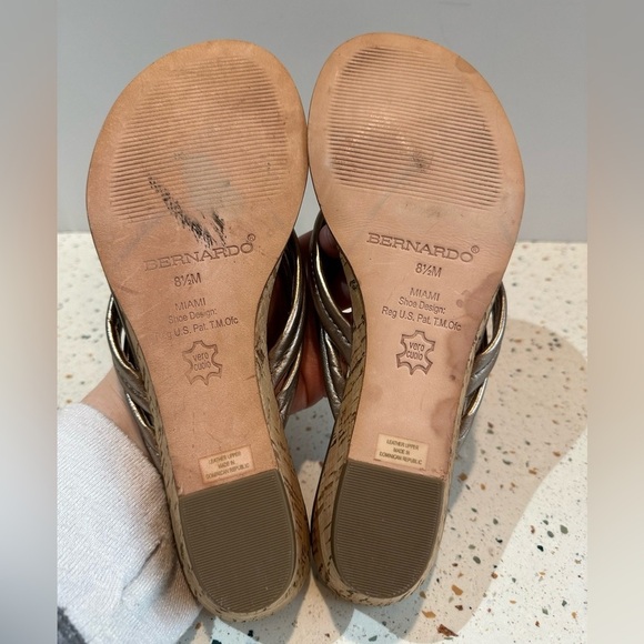 BERNARDO Miami Leather Platinum Metallic Tong Cork Wedge Sandals - Picture 10 of 13